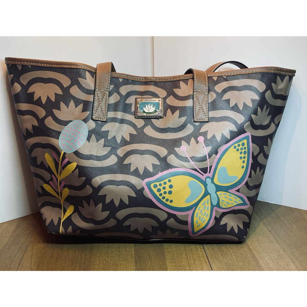 Lily Bloom Butterfly Tote Large Shoulder Bag Brown Yellow Lotus Flower
